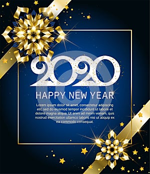 2020, Happy New Year, gold. Greeting card with text 2020 with christmas ball. Background, banner, poster. Vector