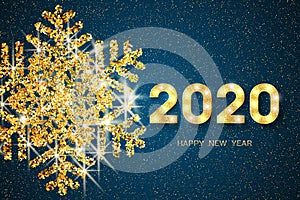 2020 Happy New Year. Golden numbers, glitter and snowflake on dark blue background. New Year 2020 greeting card. Vector