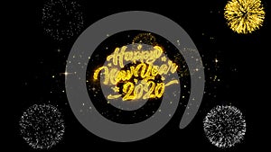 2020 happy new year golden text blinking particles with golden fireworks display