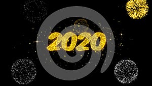 2020 happy new year golden text blinking particles with golden fireworks display