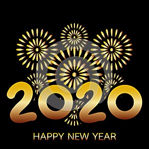 2020 Happy New Year Greeting Card with Gold Fireworks