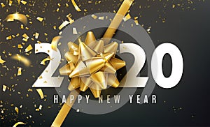 2020 Happy New Year vector background with golden gift bow, confetti, white numbers. Christmas celebrate design. Festive