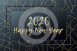 2020 Happy New year vector greeting card. Golden icon with hand drawn lines. Banner for celebration, congratulation, web, design,