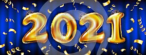 2020 happy New Year violet background with golden ribbon and confetti. Christmas decoration with glowing gold number. Vector