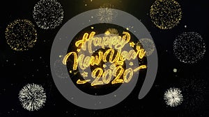 2020 happy new year written gold particles exploding fireworks display