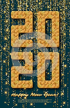 2020 jigsaw puzzle background with many golden glitter and gold pieces. Happy New Year card design. Abstract mosaic