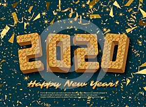 2020 jigsaw puzzle background with many golden glitter and gold pieces. Happy New Year card design. Abstract mosaic