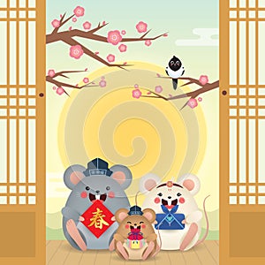 2020 Korean New Year Seolla - cartoon mouse family with sunrise,