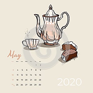 2020 May calendar food and tea art vector. Tea party sketched calendar. May page with pink teapot, cup, cupcake