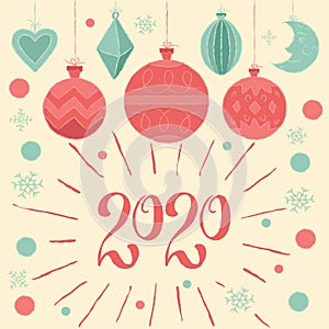 2020 Merry Christmas and Happy new year! Greeting card with Christmas decorations and hand lettering type