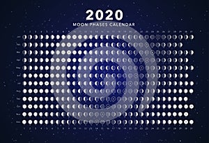 2020 moon phases calendar blue astronomy vector chart