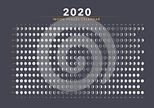 2020 moon phases calendar gray astronomy vector chart