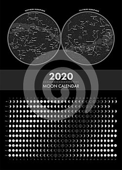 2020 moon phases calendar and hemisphere star map vector