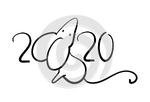 2020 and mouse handwritten black vector illustration on white background. 2020 handdrawn New Year or Christmas postcard