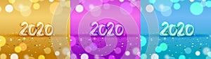 2020 new year celebration background with realistic glow bokeh and glitter, colorful neon 3d lettering illustration vector collect