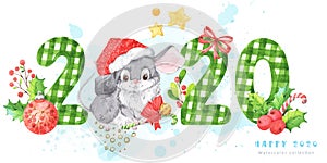 2020 New Year and Christmas banner with hand painted white and green patterned watercolor numbers and cute grey mouse, rat in a re