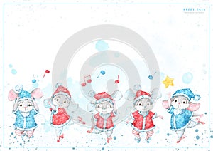 2020 New Year, Christmas greeting card with hand painted watercolor dancing ballet cartoon mice, rats in red and blue costumes wit