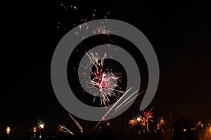 2020 New Year colorful fireworks exploding on the sky above Lacul Morii Lake, Bucharest, Romania - 1/1/2020