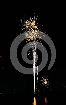 2020 New Year colorful fireworks exploding on the sky above Lacul Morii Lake, Bucharest, Romania - 1/1/2020