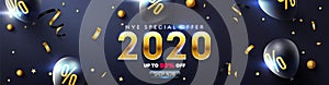2020 New year eve Promotion Poster or banner with glitter texture,black balloons, golden ribbon and confetti.Promotion or shopping