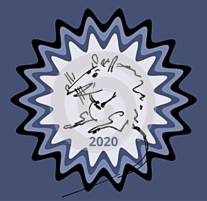 2020: New Year greeting card with hand-drawn rat on computer graphic star , Chinese New Year symbol of 2020