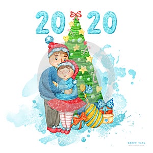 2020 New Year, Merry Christmas watercolor hand painted illustration of a love couple under the decorated Christmas tree on a blue