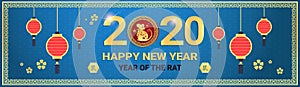 2020 new year of mouse greeting card with lanterns in chinese style rat zodiac sign asian holiday celebration concept