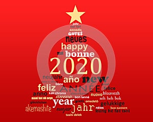 2020 new year multilingual golden text word cloud greeting card in shape of a christmas tree