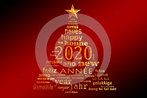 2020 new year multilingual golden text word cloud greeting card in the shape of a christmas tree