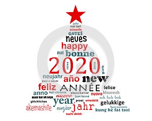 2020, new year multilingual text word cloud greeting card in the shape of a christmas tree