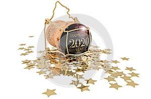 2020 new year`s champagne cork and golden stars on white