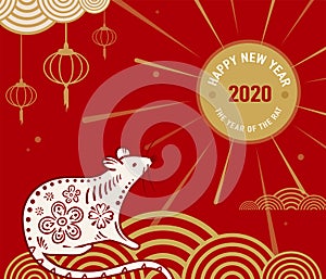 2020 rat happy new year vector background, chinese banner concept. Isolated greeting card with mouse standing on the
