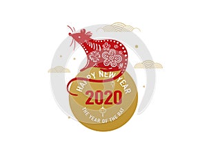 2020 rat happy new year vector background, chinese banner concept. Isolated greeting card with mouse standing on the sun