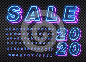 2020 SALE 3d neon background colorful. Merry Christmas neon sign. Logo, emblem, banner and label, bright signboard, light banner