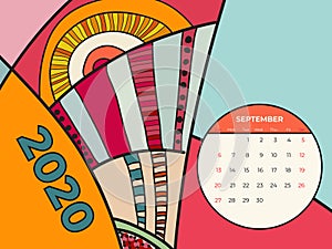 2020 September calendar abstract contemporary art vector. Desk, screen, desktop month 09, 2020, colorful 2020 calendar