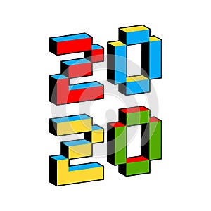 2020 text in style of old 8-bit video games. Vibrant colorful 3D Pixel Letters. Creative digital New Year poster, flyer