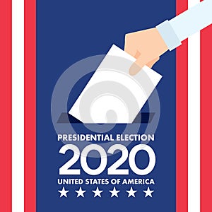 2020 United States of America Presidential Election with hand putting voting paper in the ballot box Vector Illustration