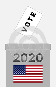 2020 United States of Presidential Election banner. Voting box with American flag. Ballot paper