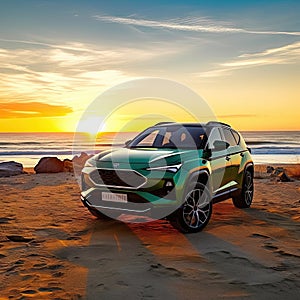 the 2020 urus parked on the beach at sunset