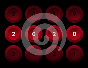 2020 white numbers new year on round red buttons on a black background
