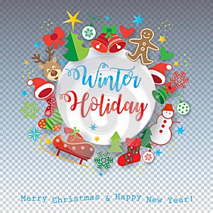 2020 Winter Holiday Happy New Year, Christmas Greeting card tree ball bell santa snowman Gingerbread vector