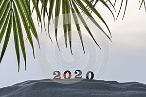 2020 wooden numbers on the sand on the beach in the palm trees branches at sunset blue sky. The symbol of the outgoing year. 2021.