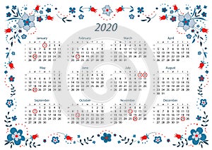 2020 year calendar - Vector