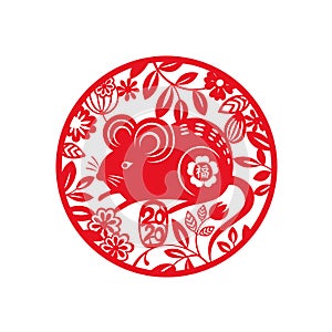2020 Year of the Mouse. Chinese Zodiac Rat Sign round design. Chinese Animal lunar calendar mice traditional paper cut art