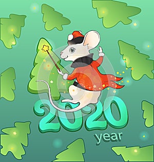 2020 year of the mouse. New Year`s bright cute cartoon illustration suitable for a banner, congratulations on postcards,