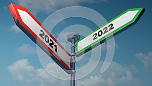 2021 - 2022 red and green arrow street signs pointing to left and right - 3D rendering illustration