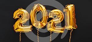 2021 balloon gold text on black background. Happy New year eve invitation with Christmas gold foil balloons 2021. Long web banner