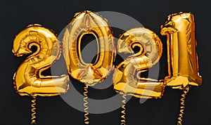 2021 balloon gold text on black background. Happy New year eve invitation with Christmas gold foil balloons 2021. Long web banner