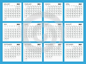 2021 Calendar, Business planner. Print Template with Place for Photo, Your Logo and Text. Week Starts Sunday. Portrait