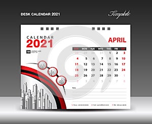 2021 Calendar design. April 2021 template. Desk calender page. week starts on sunday. planner. simple. business printing